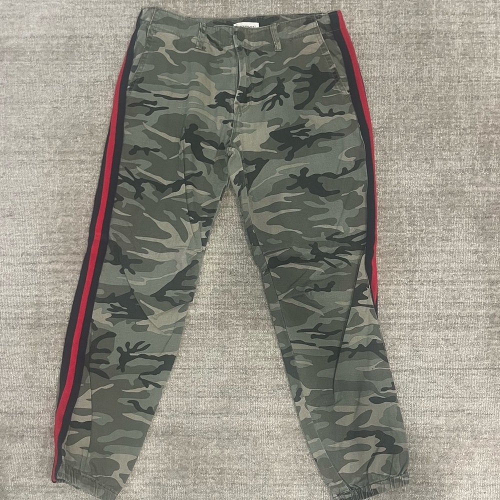 Camouflage joggers with navy/red pinstripe down leg